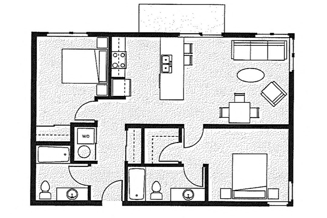 Floor plan for 2 beds, 2 baths, 895 sqft